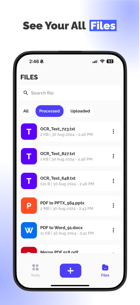 PDF Converter - All Documents - Lista de archivos y documentos convertidos en la interfaz de la aplicación Convertidor de PDF