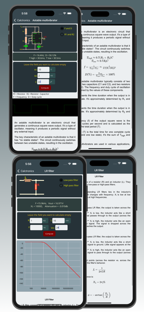 Electrocalc - electronics App - Electrocalc app screens showing astable multivibrator and LR filter calculators with circuit diagrams and response graphs.