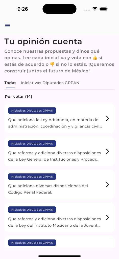 Partido Accion Nacional - Interface de l'application PAN affichant une liste d'initiatives législatives pour le vote et la participation des utilisateurs