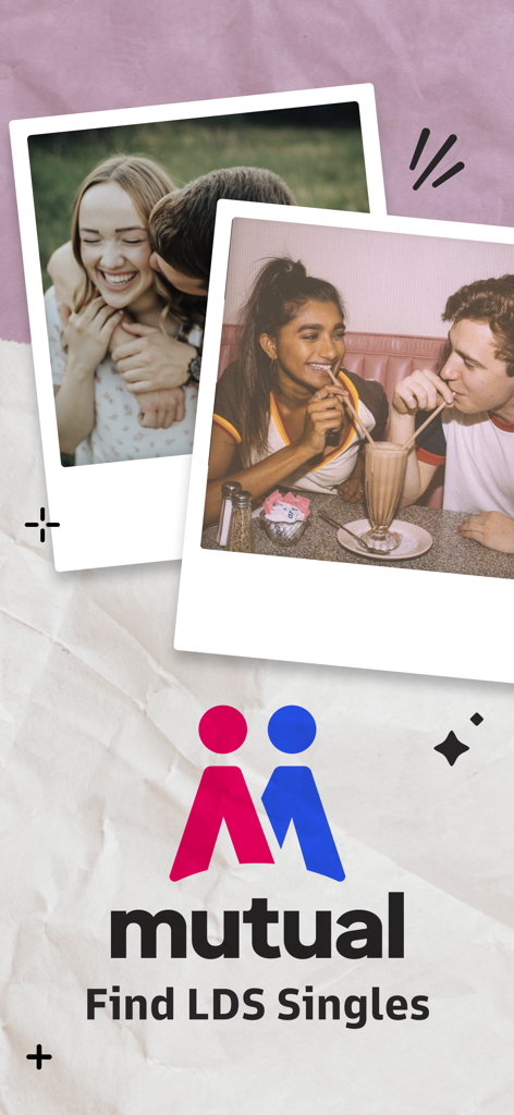 Mutual LDS dating app screen with happy couples and Find LDS Singles text