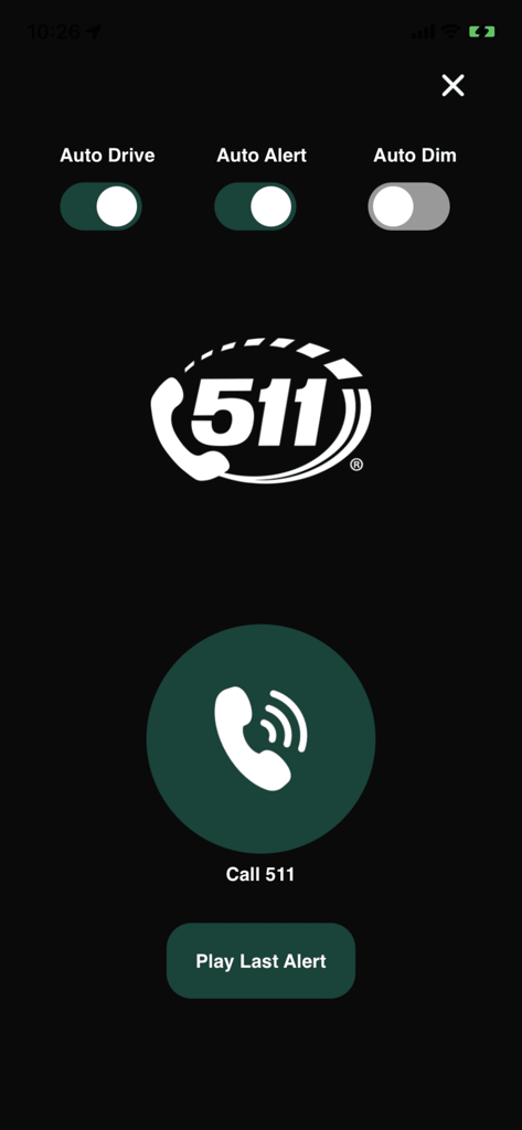 Interface of the 511 New Brunswick app showing settings for auto alerts and a call 511 button