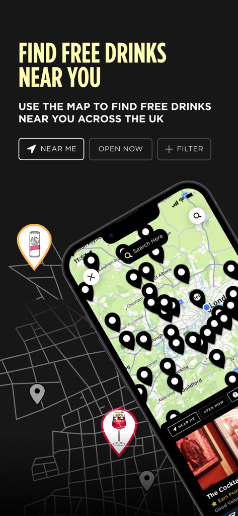 DUSK - Drinks, Deals & Rewards - DUSK app interface showing a map with pins for free drinks at bars