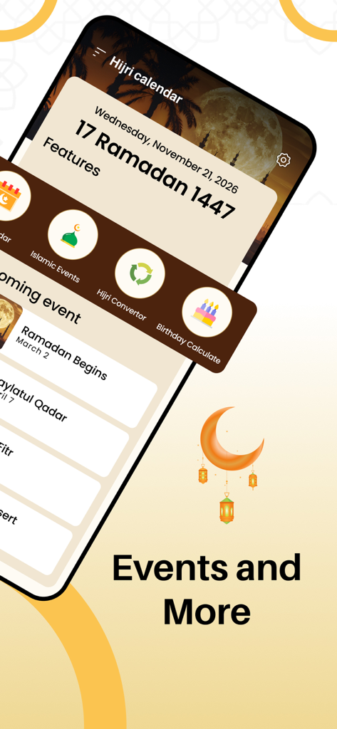 Islamic Hijri Calendar 2026 - Panel de la aplicación Calendario Islámico Hégira 2026 que muestra próximos eventos religiosos y funciones del calendario.