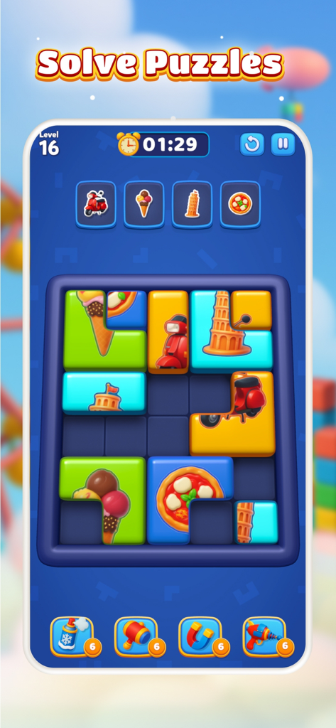 Gameplay screen of Picture Block Jam showing a colorful grid where players slide blocks to complete pictures of a scooter, pizza, and landmarks.