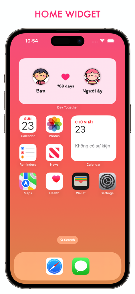 Day Together - Love Days Count - Widget de la app Day Together en la pantalla de inicio de un iPhone mostrando 788 días juntos con avatares de pareja