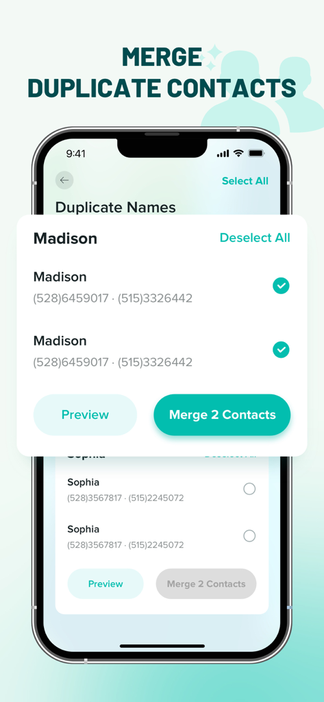 Master Cleaner - Clean Storage - Interface of the Master Cleaner app showing the merge duplicate contacts feature