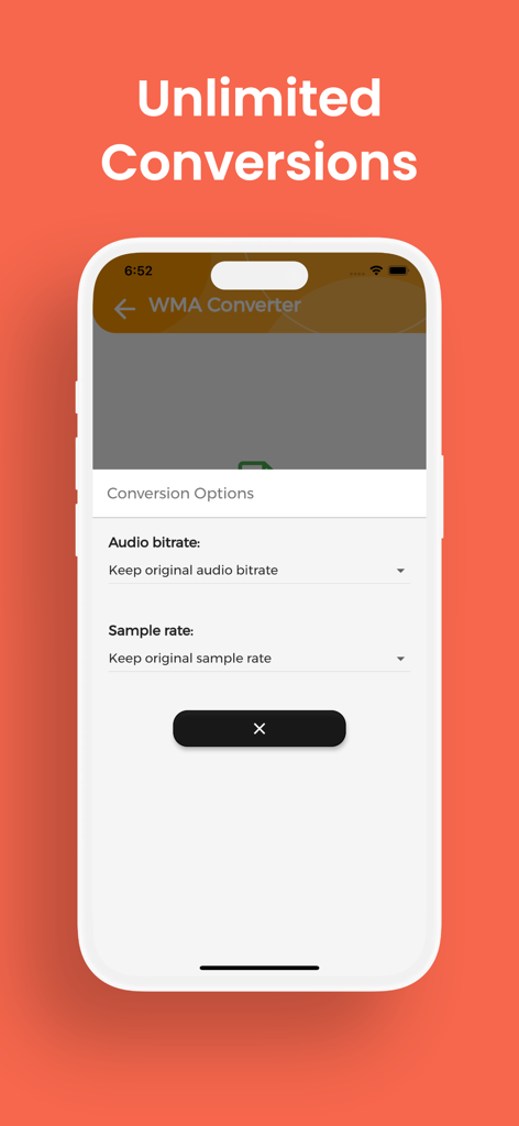 WMA Converter App-Oberfläche mit Optionen zur Konvertierung von Audio-Bitrate und Abtastrate