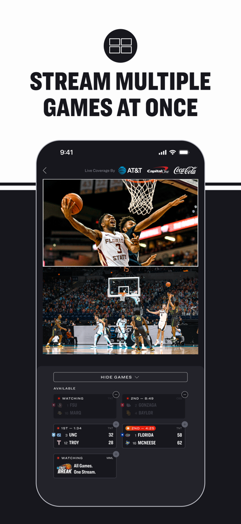 La aplicación NCAA March Madness Live mostrando la función de transmisión de múltiples juegos con dos partidos de baloncesto en vivo transmitiéndose en la pantalla de un smartphone