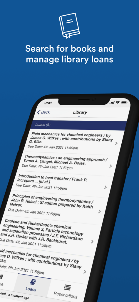 MyNottingham - A smartphone screen displaying the library loans section of the MyNottingham app featuring a list of engineering books and their upcoming due dates.