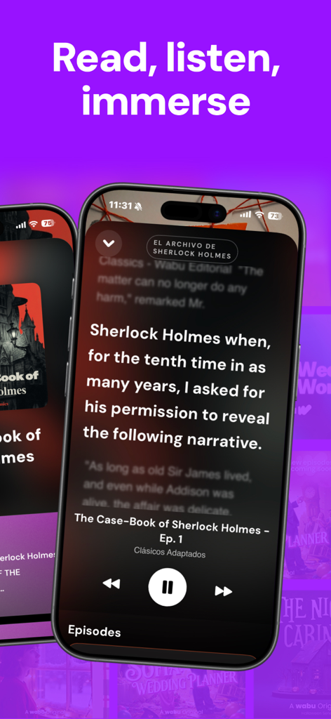 Wabu mobile app displaying a Sherlock Holmes short story with audio controls and synchronized text