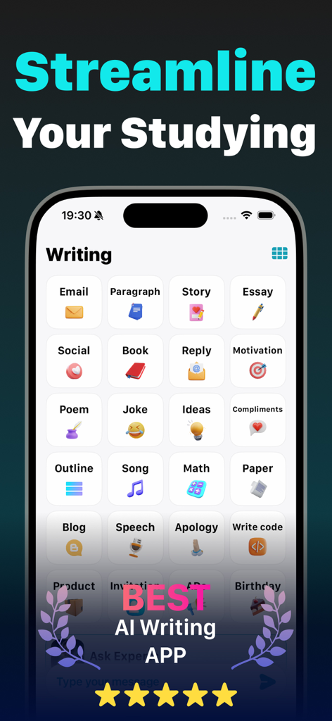 Writify: AI Writing Assistant - Smartphone screen showing Writify app with a grid of AI writing and study tools under the heading Streamline Your Studying
