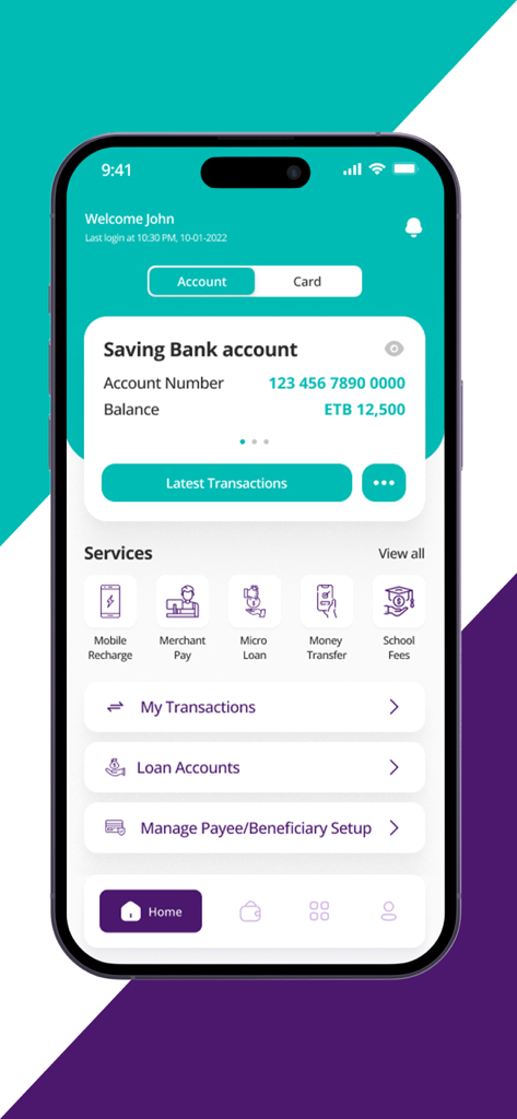 HIBIR - HIBIR mobile banking dashboard showing savings account balance in ETB and various financial services