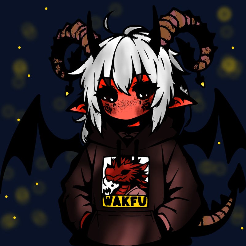 emo girl with dragon horns wearing a hoodie that says wakfu