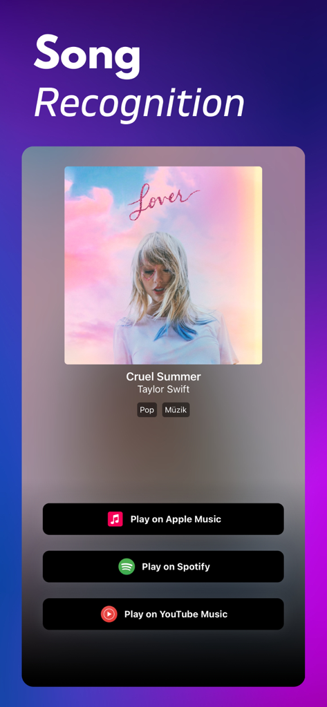 Music Identifier - Music Identifier app interface showing song recognition results for Taylor Swift with streaming integration buttons