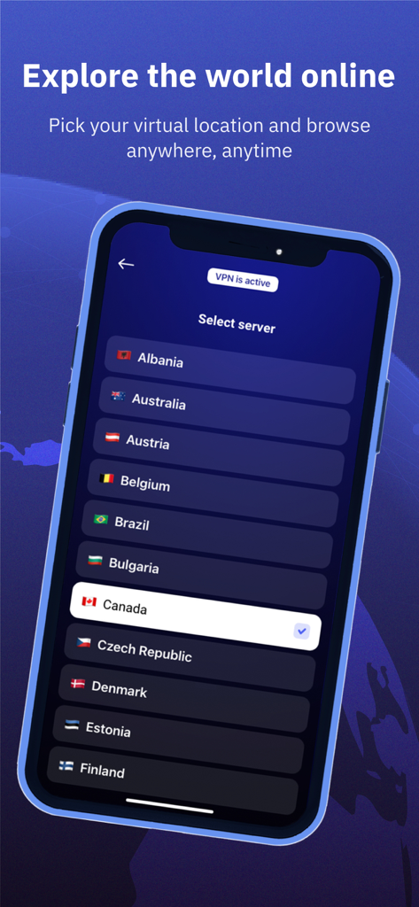 Private VPN Proxy - Easy Start - Interface of the Private VPN Proxy app showing a list of international server locations to select for secure browsing