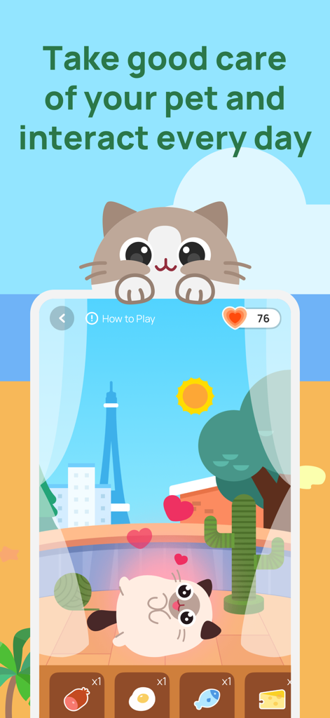 Catzy: Self-Care Journey - A screenshot of the Catzy app showing how to interact with and care for a virtual pet cat including feeding options.