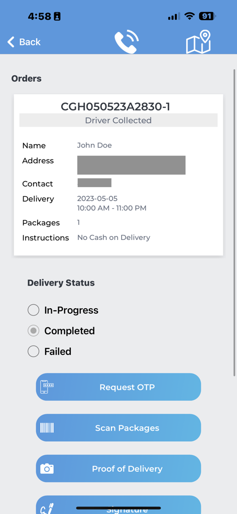 Mobile app screen showing order details and delivery verification options including OTP scan and signature