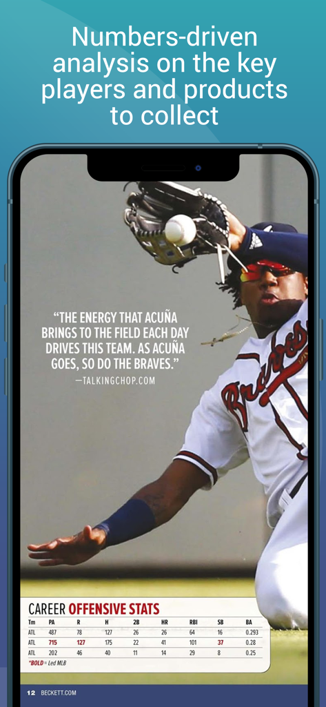 Beckett Baseball App, die Spieleranalysen und offensive Karrierestatistiken anzeigt.