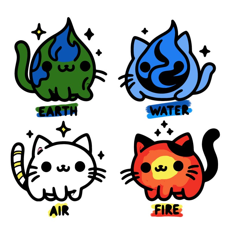 4 cats that represent the different elements, earth, water, air, and fire