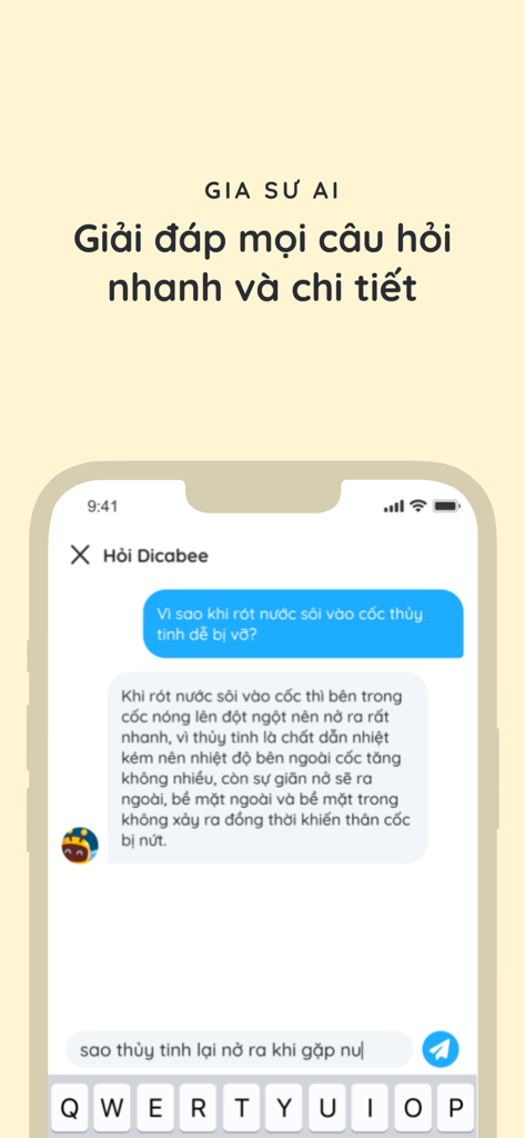 Dicamon - Giải Toán Lý Hóa Anh - Dicamon mobile App Chat-Oberfläche, die einen KI-Tutor zeigt, der eine wissenschaftliche Frage eines Studenten beantwortet