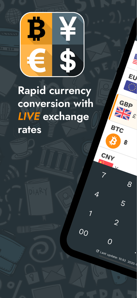 Currency and Crypto Converter app interface showing live exchange rates for fiat and digital currencies
