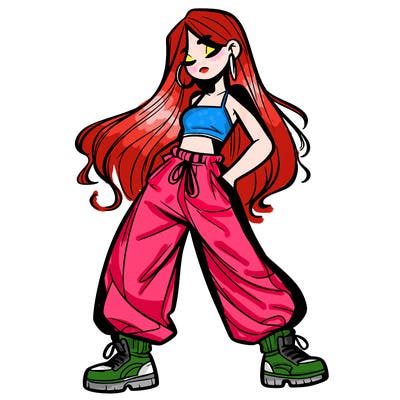 girl in baggy pants crop top and long hair