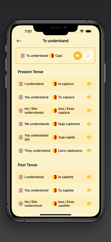 Mobile app screen showing the conjugation of the Neapolitan verb for to understand in present and past tenses.