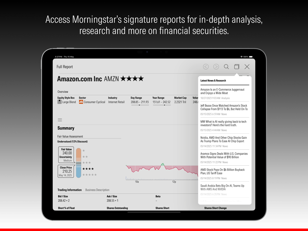 Morningstar for iPad displaying a detailed stock analysis report for Amazon with fair value assessment and analyst news