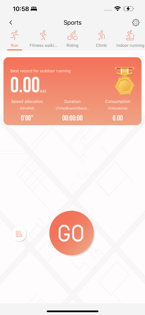 RDFit - Schermata sportiva dell'app RDFit per il monitoraggio della corsa all'aperto con un grande pulsante ARANCIONE GO su sfondo mappa