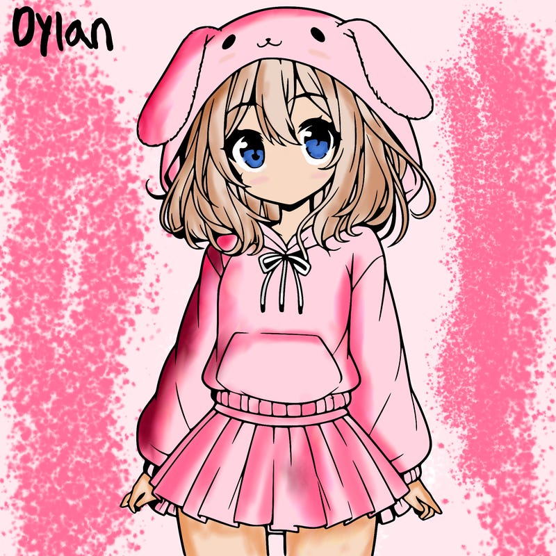 pretty anime girl wearing a fluffy hoodie with bunny ears on the hood and a skirt