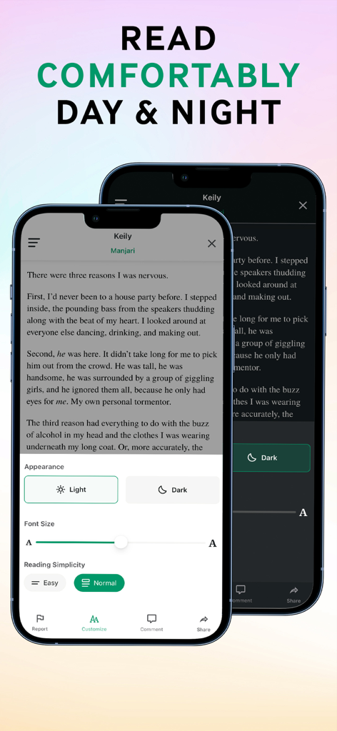 Two iPhones displaying the Galatea app reading interface in light and dark mode with customization options.
