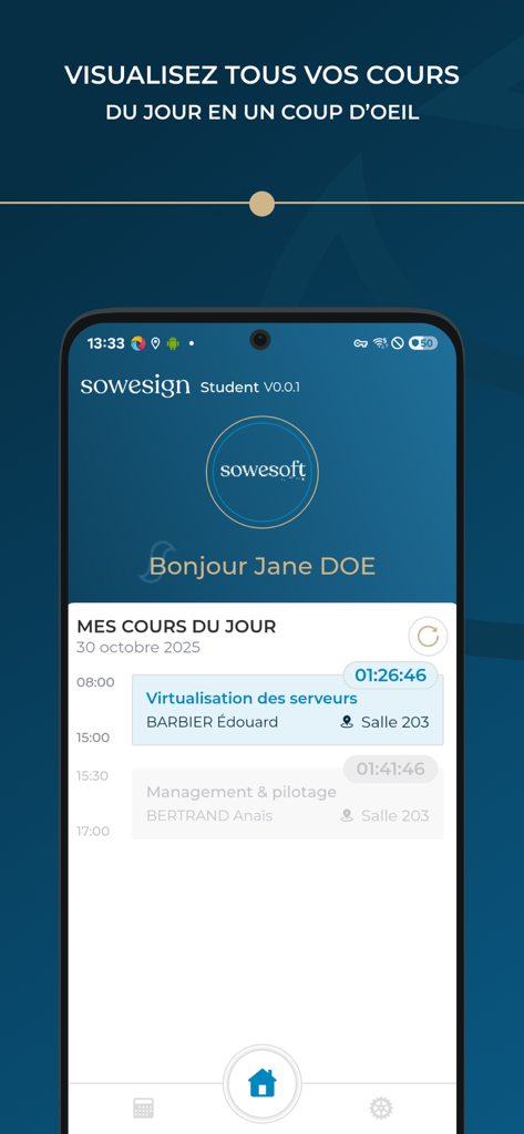 SoWeSoft Student App-Oberfläche mit einem täglichen Kursplan mit Unterrichtszeiten und -orten
