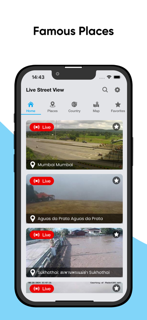 Live Street Camera View - A smartphone screen displaying the Live Street View app with live camera feeds from around the world