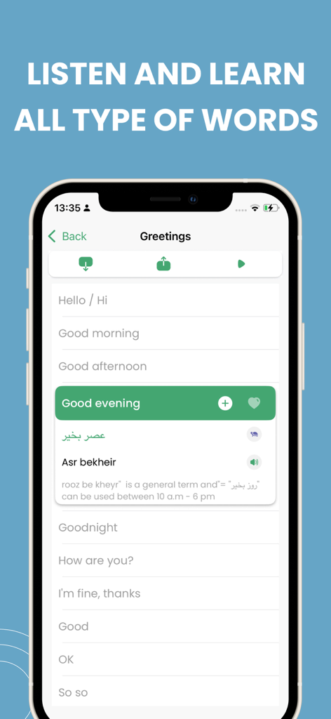 Learn Farsi Persian Phrasebook app showing the greetings screen with Persian script and pronunciation for common phrases