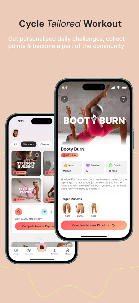 Bestie Cycle Tracker by Aggie - Bestie Cycle Tracker app interface showing cycle-tailored workouts and exercise details.
