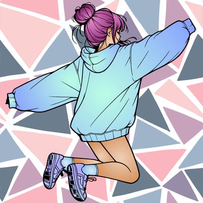 realistic girl jumping with a bun and oversized sweatshirt