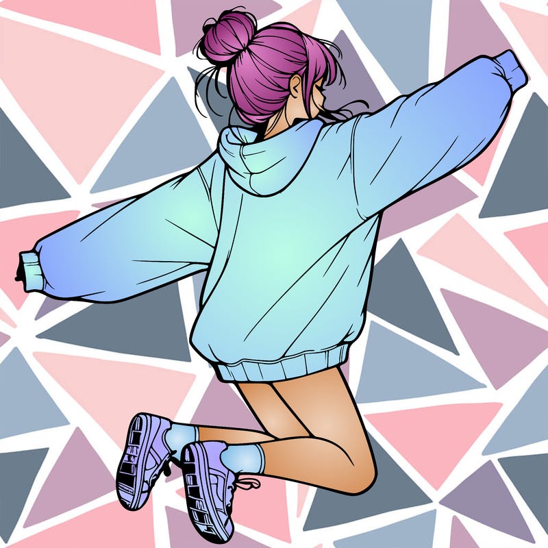 realistic girl jumping with a bun and oversized sweatshirt