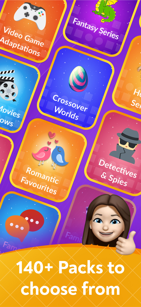 Charades & Headbands - GuessUp - A screen displaying various charades category packs like Fantasy Series and Romantic Favourites in the GuessUp app.