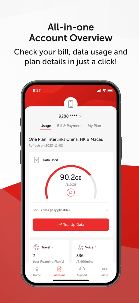 SmarTone CARE account overview displaying data usage and plan details