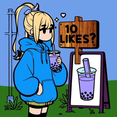 girl with oversized hoodie drinking boba and she has a high ponytail with a sign that says 10likes?