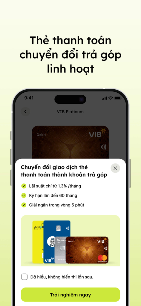 Max - Schermata dell'app mobile Max by VIB che mostra opzioni di rateizzazione flessibili per le transazioni con carte di debito