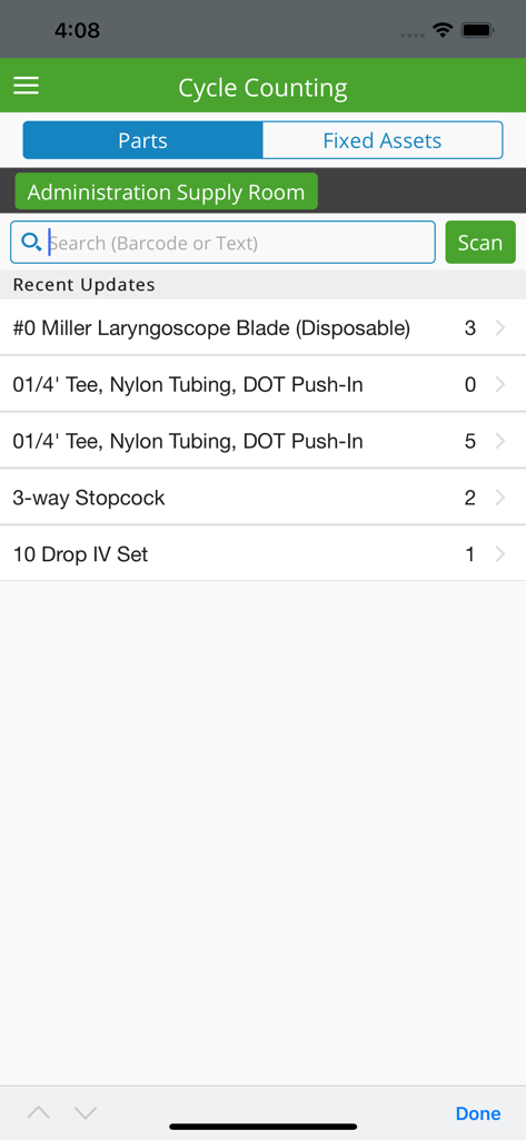 Operative IQ Mobile - Operative IQ Mobile app showing the cycle counting screen for medical inventory parts in a supply room