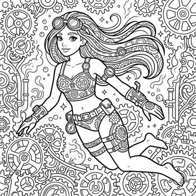 Prepare for a unique coloring journey where industrial Victorian charm meets futuristic beachwear in this captivating Steampunk Swim Activewear design. Adorned with gears and gadgets, this adventurous character floats amidst a complex world of cogs and steam, ready for your creative touch.