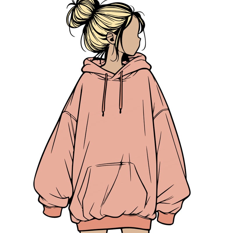 realistic girl with a oversized sweatshirt on and a bun