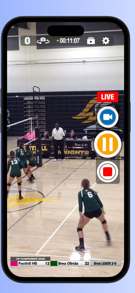 ScoreCam - Embedded Scoreboard - ScoreCam app recording a live volleyball game with an integrated digital scoreboard