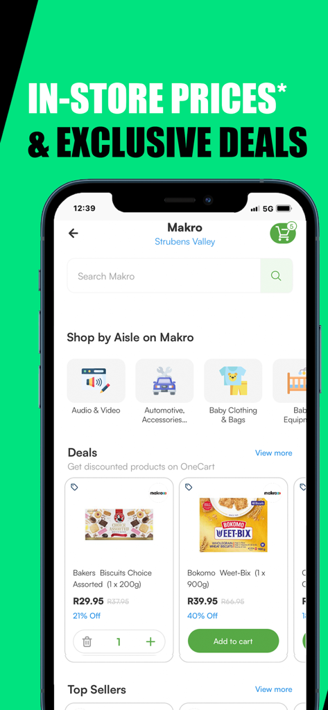 Écran de l'application OneCart montrant les produits du magasin Makro avec les prix en magasin et les offres exclusives