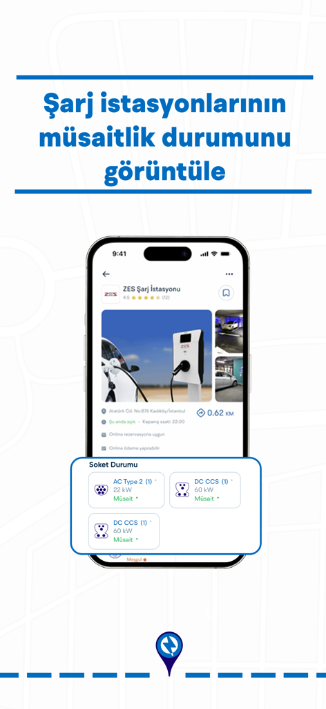 ChargeIQ-Tüm Şarj İstasyonları - ChargeIQ mobile App, die die Echtzeitverfügbarkeit und Steckdosentypen einer E-Auto-Ladestation anzeigt