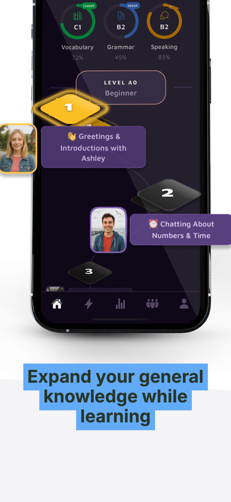 Talk Party: Practice English - L'interface de l'application Talk Party montrant un parcours d'apprentissage de l'anglais gamifié avec des leçons pour débutants et des niveaux de progression pour le vocabulaire et la grammaire