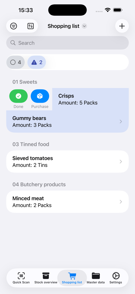 Grocy Mobile - A screenshot of the shopping list screen in the Grocy Mobile app showing grocery items organized by category such as sweets and tinned food with their respective quantities