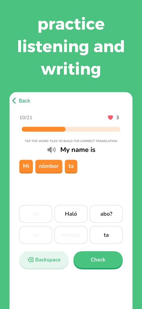 Lora - Learn Papiamentu - A screenshot of the Lora app showing a Papiamentu translation exercise for beginners